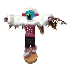 Handmade  Native American Eagle Kachina Doll On Base Faux Fur Feather Large 11"